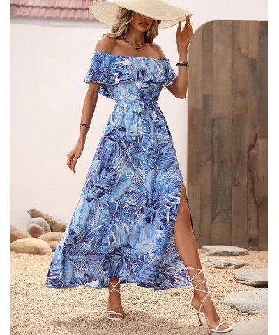 Women Stripe Printed Slit Off Shoulder Square Neckline Short Sleeve Gathered Waist Maxi Dress Blue185 $18.80 Dresses