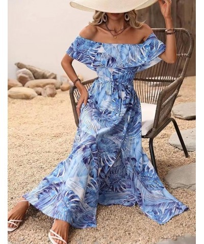 Women Stripe Printed Slit Off Shoulder Square Neckline Short Sleeve Gathered Waist Maxi Dress Blue185 $18.80 Dresses