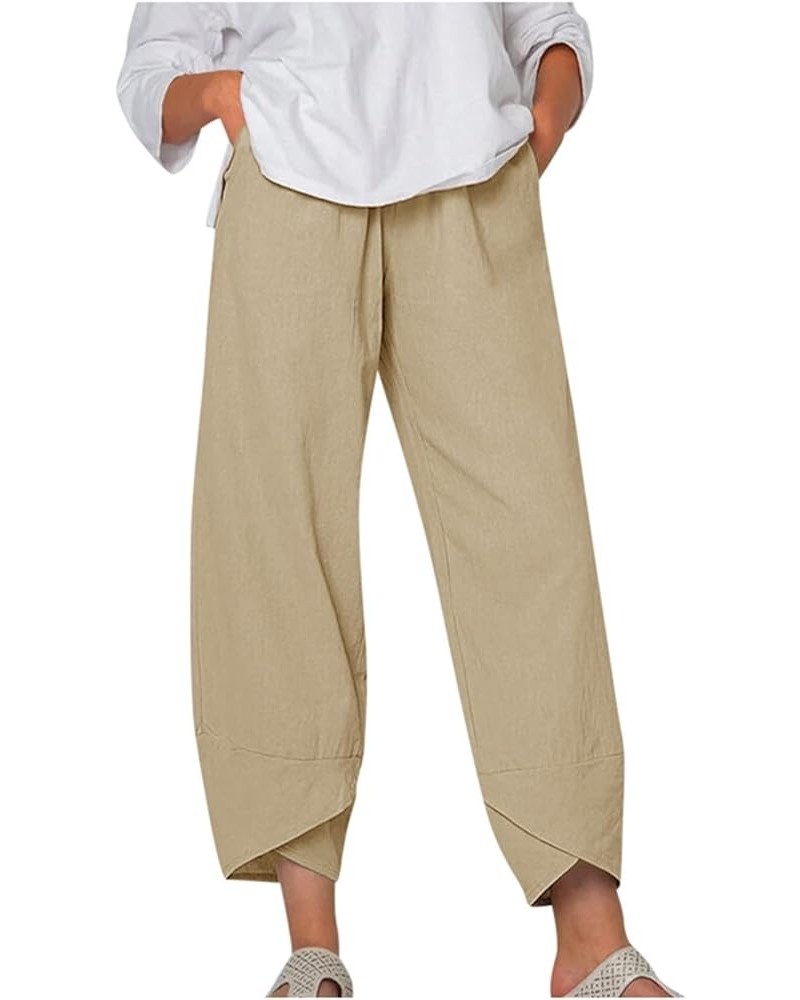 Linen Pants for Women Casual Wide Leg Capri Pants Elastic High Waist Baggy Beach Trousers with Pockets Sweatpants Z15-khaki $...