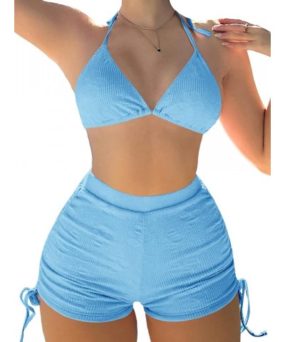 Women's Plain Triangle Swimsuit Halter Top Bikini Set Drawstring Side Ruched Shorts Bathing Suit Light Blue $18.80 Swimsuits