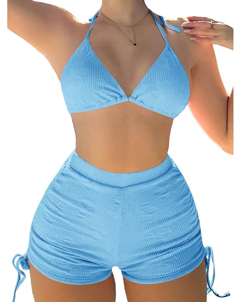 Women's Plain Triangle Swimsuit Halter Top Bikini Set Drawstring Side Ruched Shorts Bathing Suit Light Blue $18.80 Swimsuits
