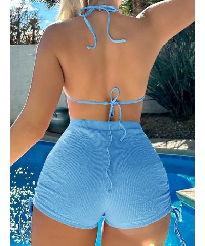 Women's Plain Triangle Swimsuit Halter Top Bikini Set Drawstring Side Ruched Shorts Bathing Suit Light Blue $18.80 Swimsuits