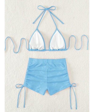 Women's Plain Triangle Swimsuit Halter Top Bikini Set Drawstring Side Ruched Shorts Bathing Suit Light Blue $18.80 Swimsuits