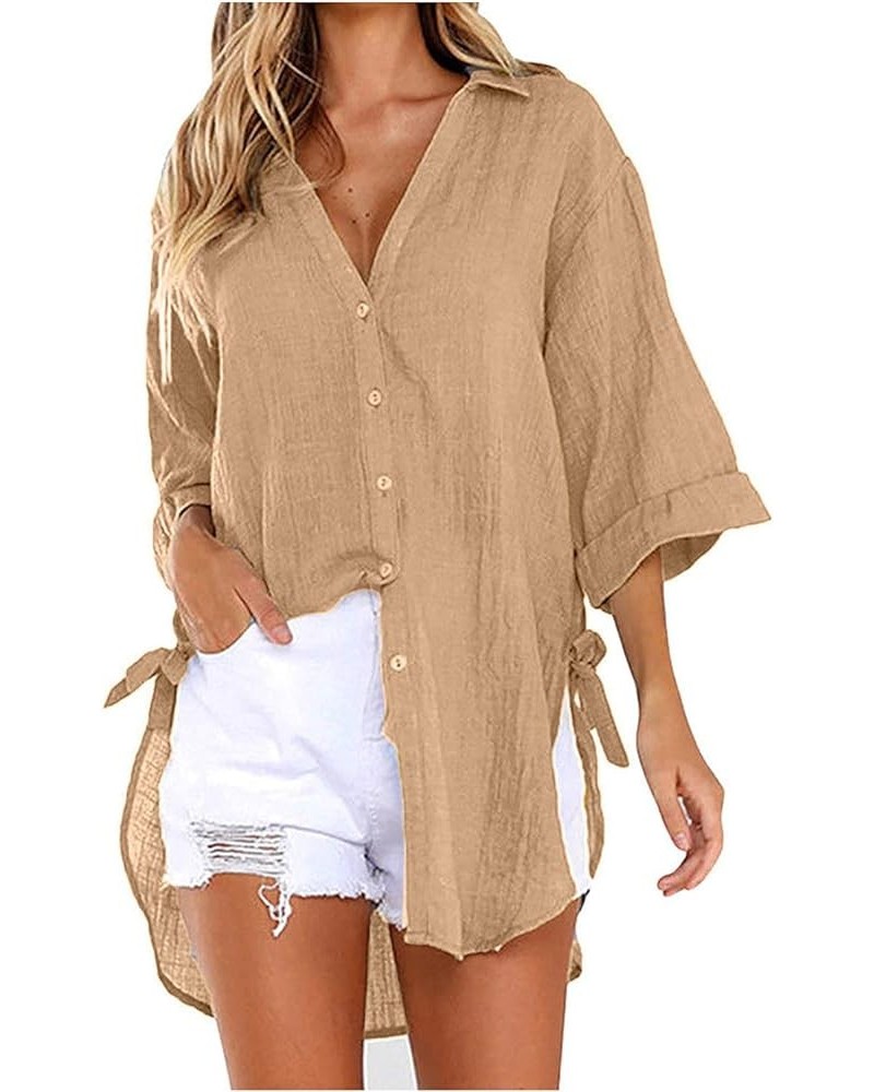 Women Long Sleeve Boyfriend Button Down Shirts Asymmetrical Casual Summer Lace Up Oversized Tunic Tops 3/4 Sleeve2-beige $9.2...