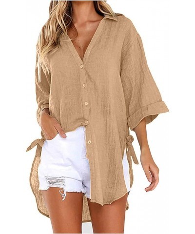 Women Long Sleeve Boyfriend Button Down Shirts Asymmetrical Casual Summer Lace Up Oversized Tunic Tops 3/4 Sleeve2-beige $9.2...