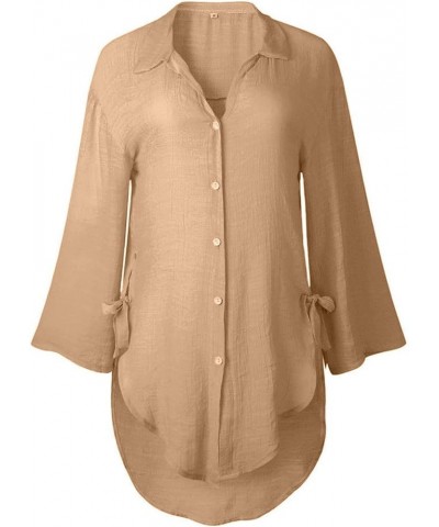 Women Long Sleeve Boyfriend Button Down Shirts Asymmetrical Casual Summer Lace Up Oversized Tunic Tops 3/4 Sleeve2-beige $9.2...