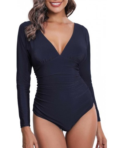 Women's Rash Guard Long Sleeve Swimsuit UPF 50+ V Neck One Piece Surfing Bathing Suit Navy Blue $15.58 Swimsuits