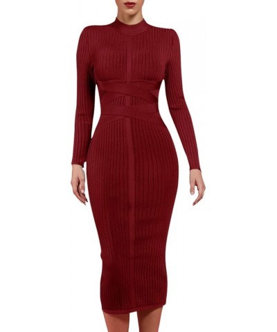 Women's Cross Strap Ribbed Bandage Long Sleeve Midi Fall Winter Bodycon Party Dress Wine $26.65 Dresses