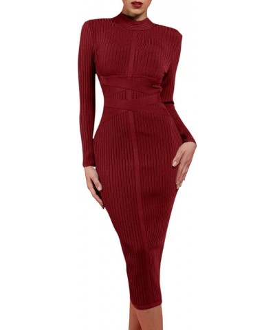 Women's Cross Strap Ribbed Bandage Long Sleeve Midi Fall Winter Bodycon Party Dress Wine $26.65 Dresses