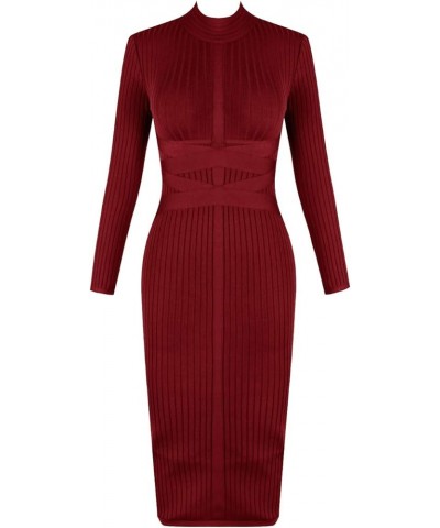 Women's Cross Strap Ribbed Bandage Long Sleeve Midi Fall Winter Bodycon Party Dress Wine $26.65 Dresses