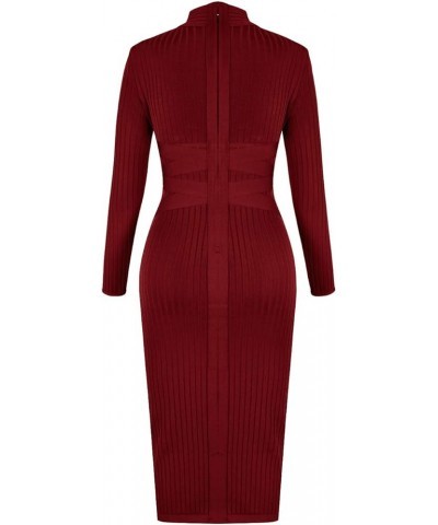 Women's Cross Strap Ribbed Bandage Long Sleeve Midi Fall Winter Bodycon Party Dress Wine $26.65 Dresses