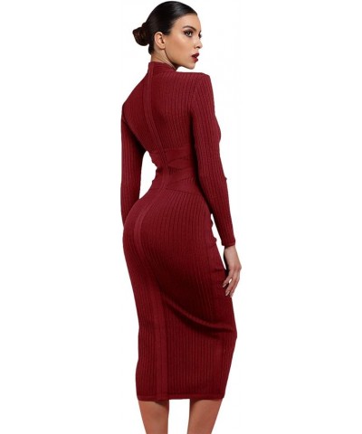 Women's Cross Strap Ribbed Bandage Long Sleeve Midi Fall Winter Bodycon Party Dress Wine $26.65 Dresses