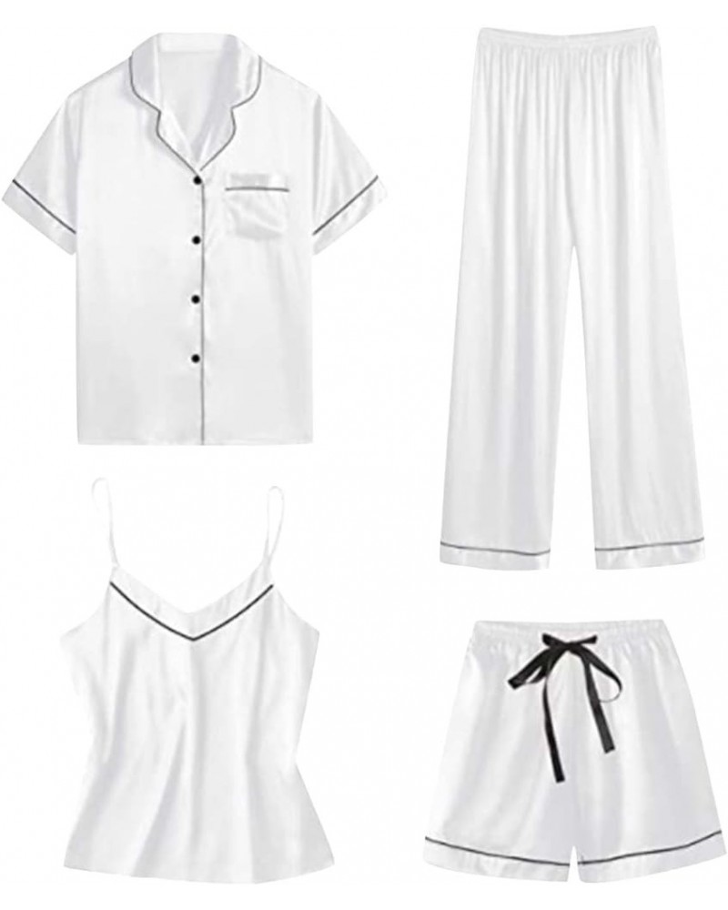 Women’s Satin Slik Pajamas Sets 4 Piece Lounge Set Camisole & Shorts & Pants Button Down Short Sleeve Sleepwear 01 White $16....