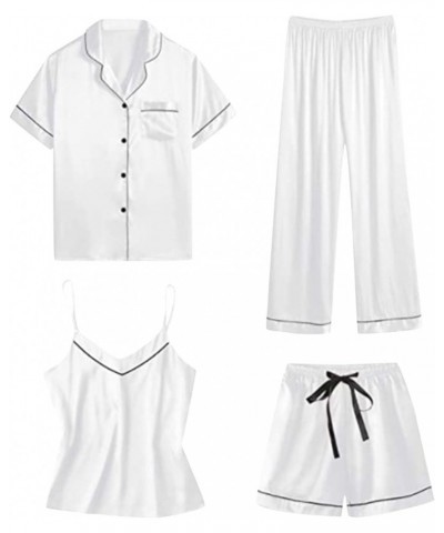 Women’s Satin Slik Pajamas Sets 4 Piece Lounge Set Camisole & Shorts & Pants Button Down Short Sleeve Sleepwear 01 White $16....