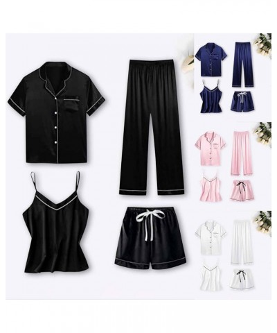 Women’s Satin Slik Pajamas Sets 4 Piece Lounge Set Camisole & Shorts & Pants Button Down Short Sleeve Sleepwear 01 White $16....