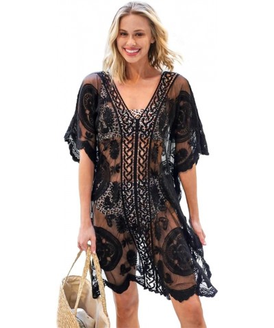 Lace Beach Dress for Women Crochet Long Sheer Bikini Swimsuit Cover Up Black $19.13 Swimsuits