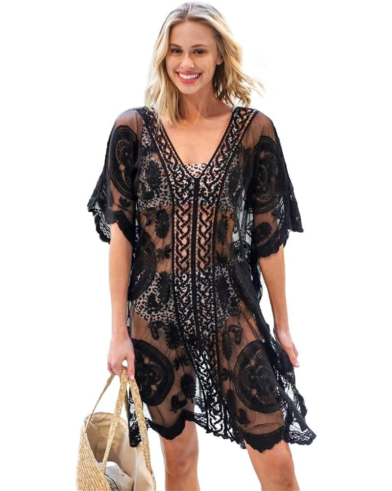 Lace Beach Dress for Women Crochet Long Sheer Bikini Swimsuit Cover Up Black $19.13 Swimsuits