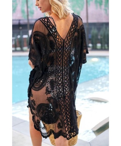 Lace Beach Dress for Women Crochet Long Sheer Bikini Swimsuit Cover Up Black $19.13 Swimsuits