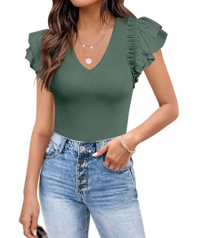 Womens V Neck Ruffle Short Sleeve Ribbed Slimming Basic Bodysuit Leotards Tops Blouses Grey Green $13.12 Bodysuits