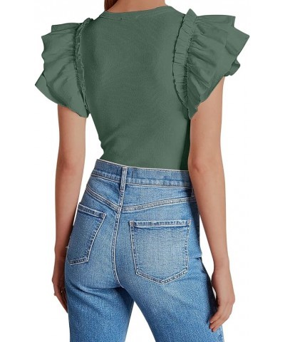 Womens V Neck Ruffle Short Sleeve Ribbed Slimming Basic Bodysuit Leotards Tops Blouses Grey Green $13.12 Bodysuits