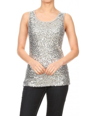 Womens Sparkle & Shine Glitter Sequin Embellished Sleeveless Round Neck Tank Top Silver $18.08 Tanks