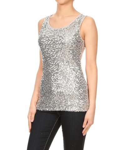 Womens Sparkle & Shine Glitter Sequin Embellished Sleeveless Round Neck Tank Top Silver $18.08 Tanks