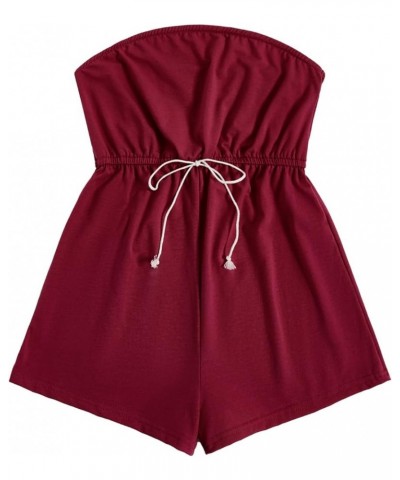 Women Strapless Drawstring High Waist Jumpsuit Sleeveless Solid Tube Romper L Burgundy $15.11 Rompers