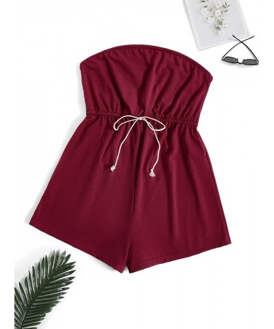 Women Strapless Drawstring High Waist Jumpsuit Sleeveless Solid Tube Romper L Burgundy $15.11 Rompers