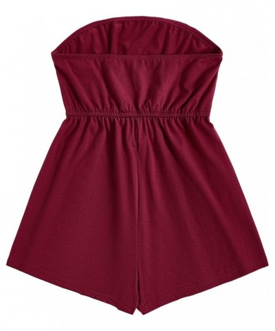 Women Strapless Drawstring High Waist Jumpsuit Sleeveless Solid Tube Romper L Burgundy $15.11 Rompers