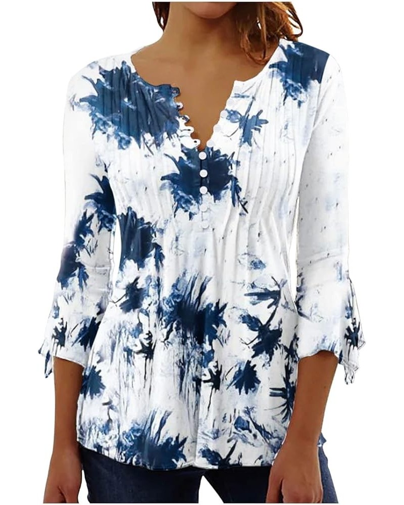 Floral Printing Tunic Tops for Women Crewneck Button Down Pleated Short Sleeve Blouses Loose Pullover Shirt Blue-1 $7.52 Others