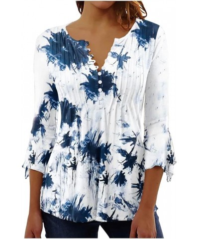 Floral Printing Tunic Tops for Women Crewneck Button Down Pleated Short Sleeve Blouses Loose Pullover Shirt Blue-1 $7.52 Others