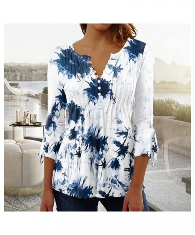 Floral Printing Tunic Tops for Women Crewneck Button Down Pleated Short Sleeve Blouses Loose Pullover Shirt Blue-1 $7.52 Others