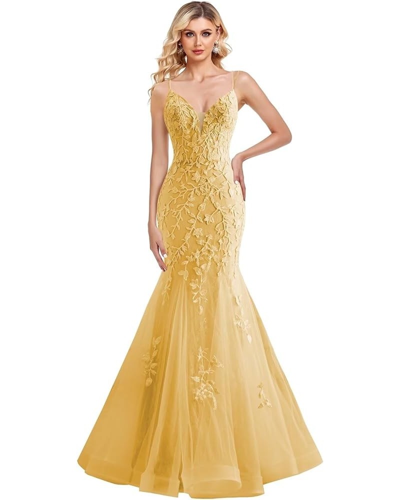 Lace Applique Prom Dresses Mermaid V Neck Wedding Party Gowns 2024 Formal Evening Dress Gold $42.64 Dresses
