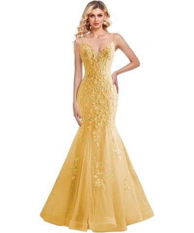 Lace Applique Prom Dresses Mermaid V Neck Wedding Party Gowns 2024 Formal Evening Dress Gold $42.64 Dresses