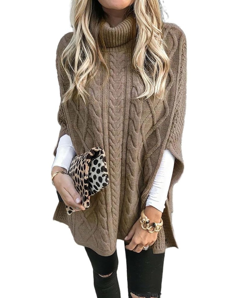 Women's Turtleneck Cable Poncho Sweater Oversized Side Slit Chunky Knit Batwing Sleeve Pullover Sweater… Brown-01 $15.75 Swea...