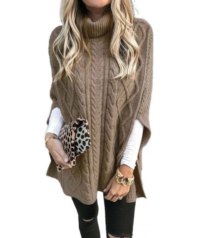 Women's Turtleneck Cable Poncho Sweater Oversized Side Slit Chunky Knit Batwing Sleeve Pullover Sweater… Brown-01 $15.75 Swea...