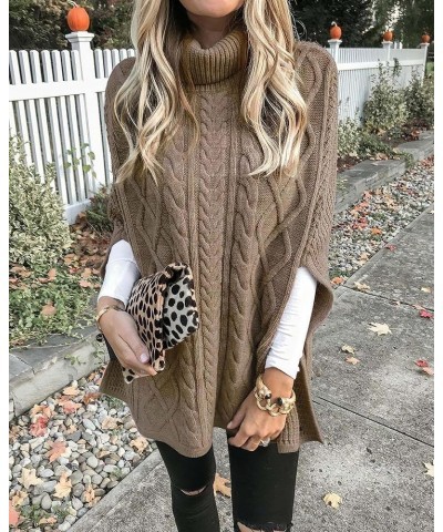 Women's Turtleneck Cable Poncho Sweater Oversized Side Slit Chunky Knit Batwing Sleeve Pullover Sweater… Brown-01 $15.75 Swea...