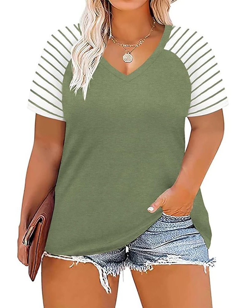 Women's-Plus-Size-Tops V Neck Striped Raglan T Shirts Summer Short Sleeve Tee 09_green $13.02 T-Shirts