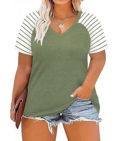 Women's-Plus-Size-Tops V Neck Striped Raglan T Shirts Summer Short Sleeve Tee 09_green $13.02 T-Shirts