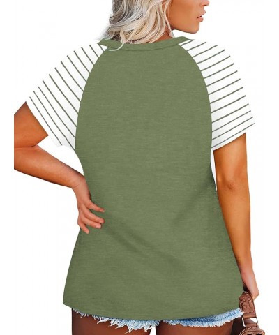 Women's-Plus-Size-Tops V Neck Striped Raglan T Shirts Summer Short Sleeve Tee 09_green $13.02 T-Shirts