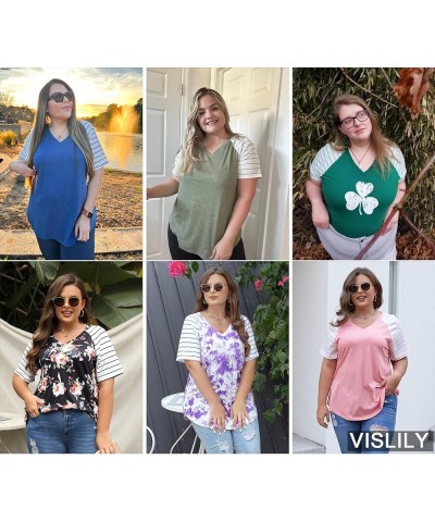 Women's-Plus-Size-Tops V Neck Striped Raglan T Shirts Summer Short Sleeve Tee 09_green $13.02 T-Shirts