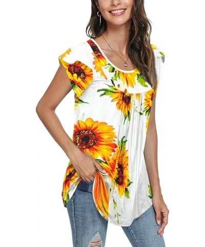 Womens Tops Ruffle Crewneck Petal Sleeve Print Going Out Summer Fashion Casual Loose Basic T-Shirts Sunflower $8.20 T-Shirts