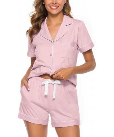 Womens Pajamas Set 100% Cotton Soft Short Sleeve Sleepwear Button Down Nightwear Summer Pj Sets S-XXL Pink $23.59 Sleep & Lounge