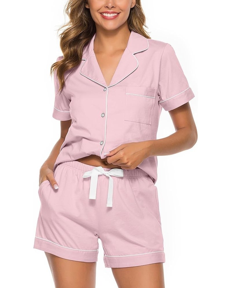 Womens Pajamas Set 100% Cotton Soft Short Sleeve Sleepwear Button Down Nightwear Summer Pj Sets S-XXL Pink $23.59 Sleep & Lounge