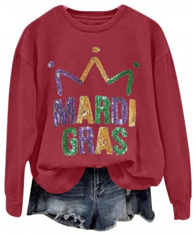 Mardi Gras Outfits Mardi Women's Letter Printed Round Neck Long Sleeve Top Trendy Tops for Women 2024 Wine $10.60 Accessories