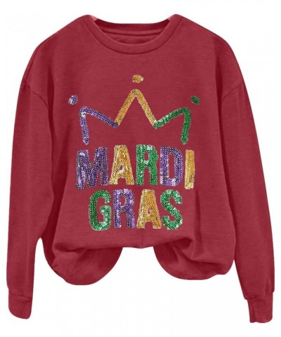 Mardi Gras Outfits Mardi Women's Letter Printed Round Neck Long Sleeve Top Trendy Tops for Women 2024 Wine $10.60 Accessories