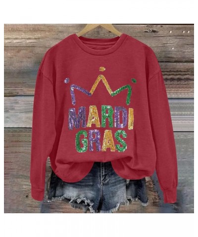 Mardi Gras Outfits Mardi Women's Letter Printed Round Neck Long Sleeve Top Trendy Tops for Women 2024 Wine $10.60 Accessories