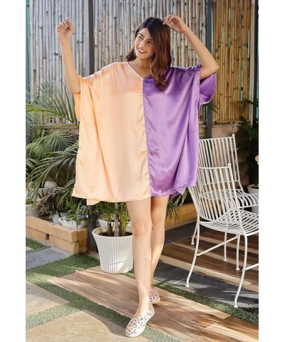 Women Short Kaftan Plus Size Satin Swimsuit Cover Ups Tunic Beach Double Color Mini Caftan Dresses Apricot Tan & Dahlia Purpl...