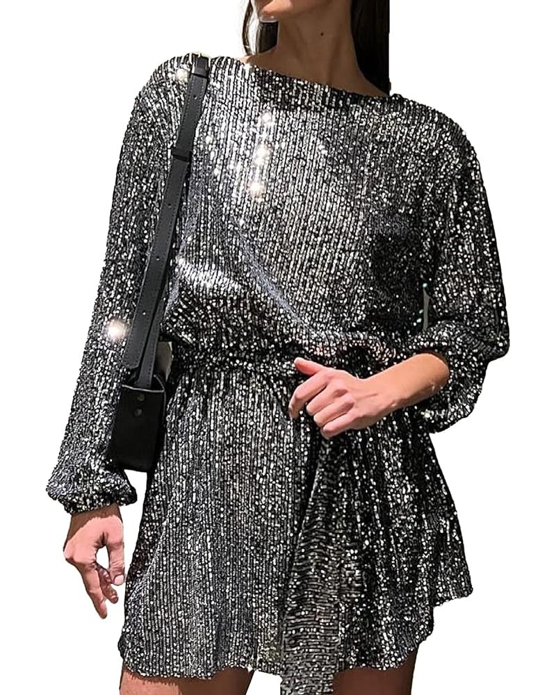 Women's Party Night Long Sleeve Sequin Dress Crew Neck Sparkly Flattering Short Dress Casual Glitter Outfits Silver $13.76 Dr...