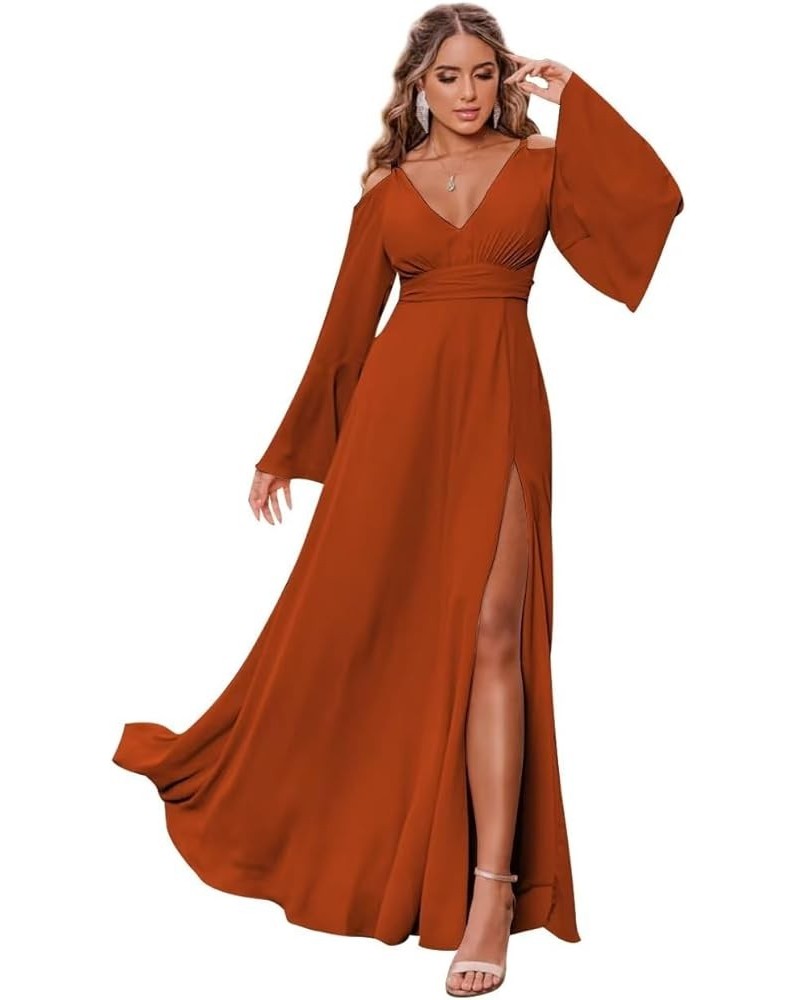 Chiffon Bridesmaid Dress Long Sleeve Off Shoulder Slit Prom Dress for Women Burnt Orange $27.30 Dresses